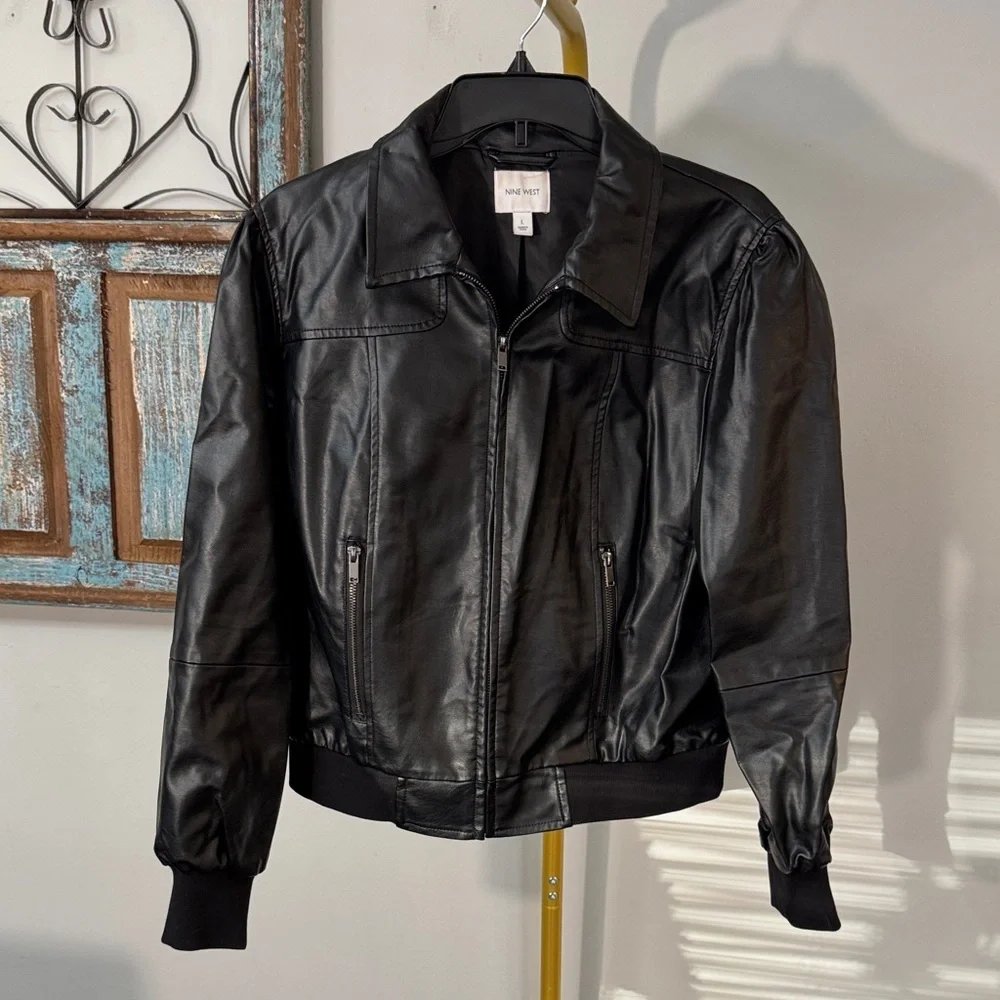 Nine West Black Faux Leather Bomber Jacket with Zip Pockets L